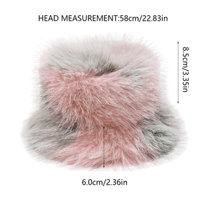 Detailed size chart for pink and grey faux fur bucket hat with precise dimensions