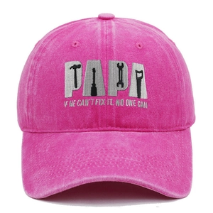 Detailed embroidery of PAPA text with tool icons on a rose red washed cotton baseball cap