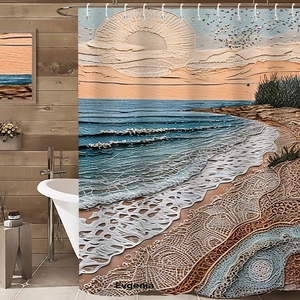Artistic beach wave shower curtain with sunset relief texture for bathroom decor