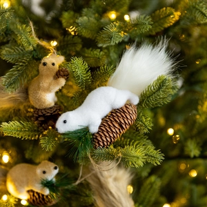 Cute foam squirrel Christmas tree hanging ornament on natural pine cone base