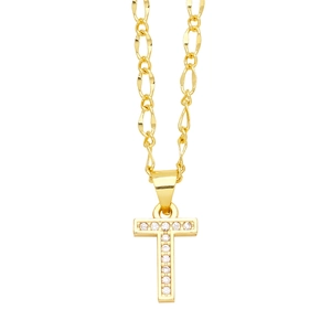 Detail of gold Figaro chain necklace featuring a zircon micro-pave capital letter T pendant
