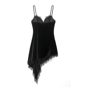 Elegant black velvet camisole dress with lace trim and asymmetrical hem on white background