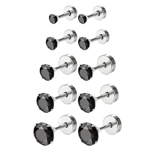 Set of 5 pairs black zircon stud earrings 8mm with 4-claw flat back stainless steel design