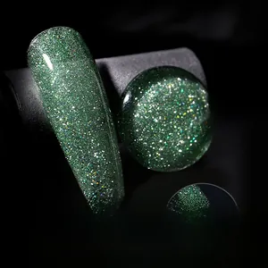 Close-up of sparkling green glitter nail polish gel in shade 008 with diamond shine effect