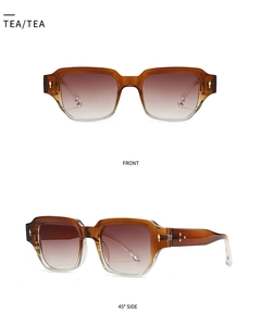 Detailed views of square tea gradient sunglasses with front and 45-degree side angles