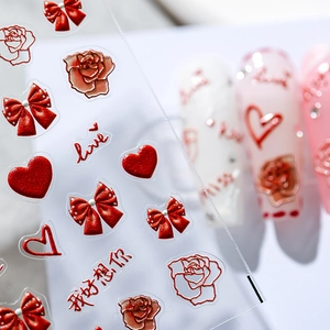 3D embossed nail art stickers with red bows, roses and hearts for manicure decoration