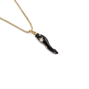 Gold-plated necklace with a black enamel chili pepper pendant and small star details