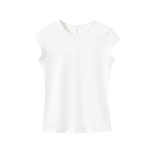 Close-up of white cap sleeve t-shirt fabric texture and minimalist crew neck design