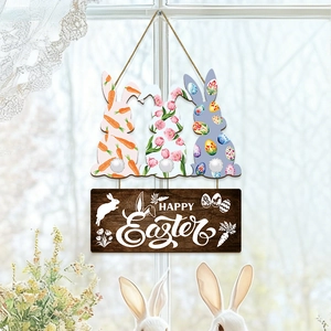 Easter bunny wall plaque with three painted rabbits and Happy Easter wooden sign
