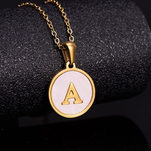 18K gold plated stainless steel necklace with round pink shell pendant and letter A charm