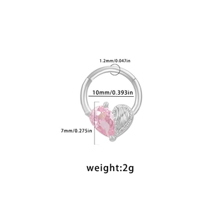 Detail view of silver wing nose hoop with pink heart zircon and size specifications
