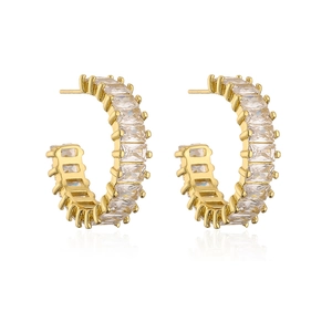 Fashionable C-shaped 18K gold plated copper earrings with inlaid rectangular zircons