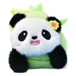 Cute panda plush keychain featuring a green bamboo sprout and a small yellow flower charm.