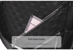 Detail eines geprägten Lederrucksacks mit Schachbrettmuster und vorderer Reißverschlusstasche