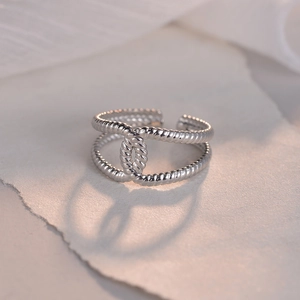 Retro hollowed geometric stainless steel open ring with double-layered twisted rope design