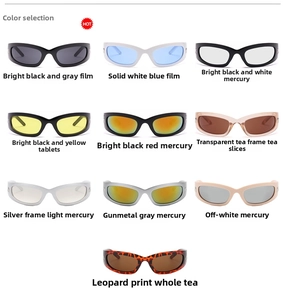 Grid display showing ten color options of stylish sports sunglasses with assorted lenses