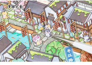 Macro detail of Suzhou Pingjiang Road 3D stickers with cute cat motifs and tweezers