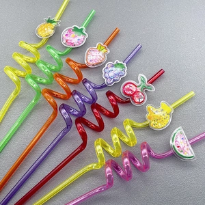 Reusable spiral fruit straws with glitter and colorful plastic shapes for kids