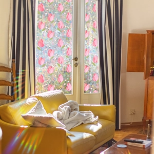 Dettaglio della pellicola per finestre con tulipani rosa ed effetto arcobaleno su vetro