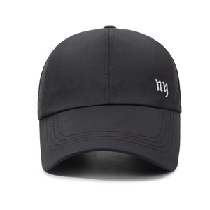 Breathable black quick-dry baseball cap with NY embroidery and extended sun visor brim