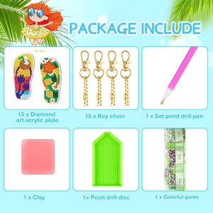 DIY diamond painting keychain set with 15 flip-flop pendants and complete tool kit