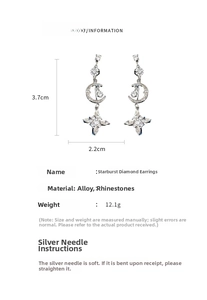 Detailed view of silver star and moon earrings with crystal studs and measurements