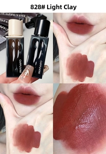Close-up of Cappuvini 828 lip glaze with glossy texture and swatches on lips and skin
