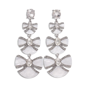 Elegant silver-tone ribbon drop earrings with white resin and pavé crystal accents