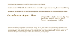 Specifications for ocean blue mermaid bracelet with aquamarine and 14K gold plated parts