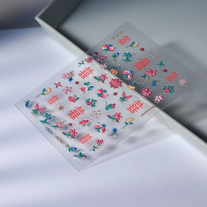 3D embossed Chinese wedding nail stickers with red double xi and floral patterns