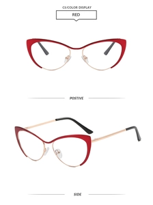 Vues détaillées de lunettes œil-de-chat rouges en métal avec profils avant et latéral