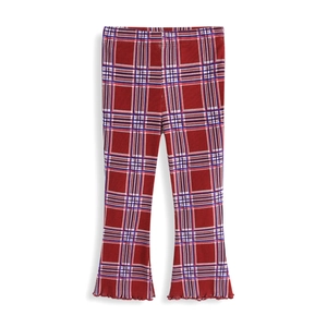 Girls' vintage red plaid flare pants with knitted ribbed texture and ruffle hem details