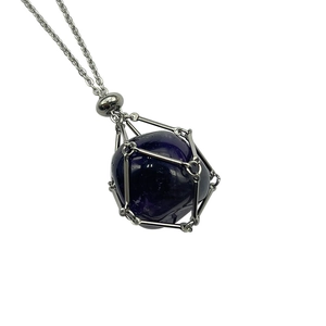 Natural purple crystal stone pendant with silver stainless steel mesh net necklace