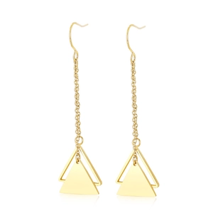Golden geometric long drop earrings featuring a hollow double triangle tassel design