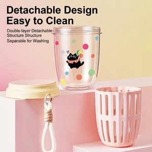 Portable double-layer fruit salad cup with cartoon cat print and carrying strap