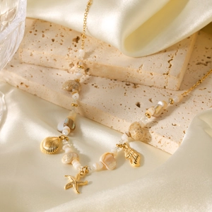 Starfish Seashell Conch Pendant Necklace And Bracelet Stainless Steel Gold Plated Beaded Ocean Summer Beach Style Women