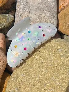 Pinza per capelli a farfalla perlata con strass colorati su base di pietra naturale