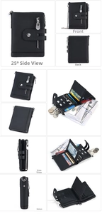 Detail view of black leather wallet with multiple zippers, card slots and anti-theft chain