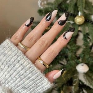 Elegant Long Almond Press On Nails Black Glitter Swirl Design Nude Removable Artificial Nail Tips For Women