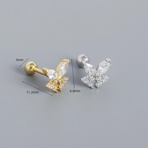 Elegant S925 silver butterfly screw back studs with crystal stones and size dimensions