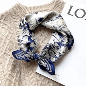 Women Mulberry Silk Scarf Elegant Toile De Jouy Print Square Silk Neckerchief Vintage Animal Landscape Pattern Scarf Shawl