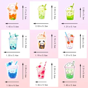 Detailed dimensions of nine cute bubble tea stickers showing precise height and width data