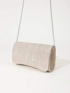 Sparkling champagne gold glitter clutch bag with elegant pleats and silver metal chain