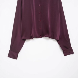 Fashionable dark purple poplin shirt with beaded lapel and satin finish for women