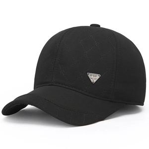 Men's winter black baseball cap with quilted pattern and metal triangle logo plaque