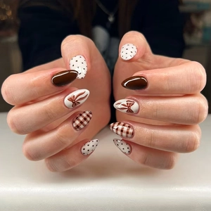 Caramel Polka Dot Grid Press On Nails With Bowknot Almond Shape Medium Fake Nails For Women Autumn Winter Manicure Gift