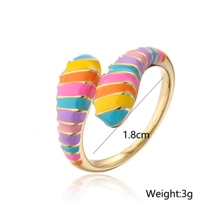 Detail view of gold snake ring with colorful enamel stripes, 1.8cm diameter and 3g weight