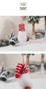 Detail of knitted Christmas gnome ornaments with red white stripes and white faux fur beard