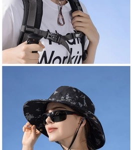 Close-up of camouflage sun hat with windproof rope and matching outdoor sport sunglasses