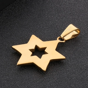 Close-up of 18K gold-plated 316L stainless steel hexagram pendant showing engraving